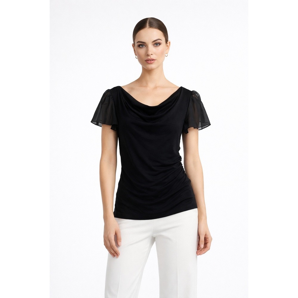 Nine Britton Black Cowl Neck Top Sheer Flutter Sleeve Ruched Blouse Small NWT